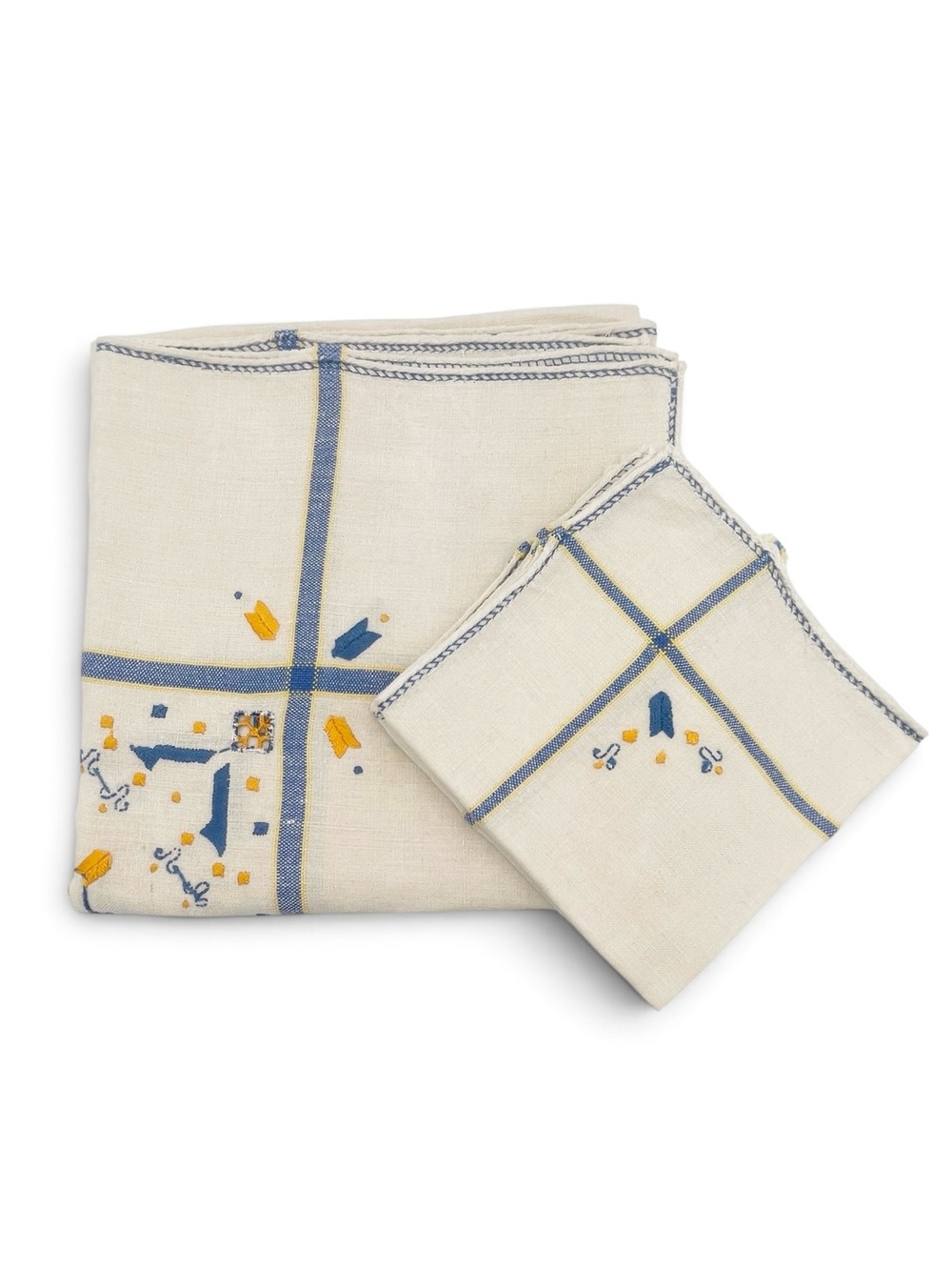 Vintage Embroidered Tablecloth Napkins Set 5pc Linen Tan Blue Yellow 34in Square